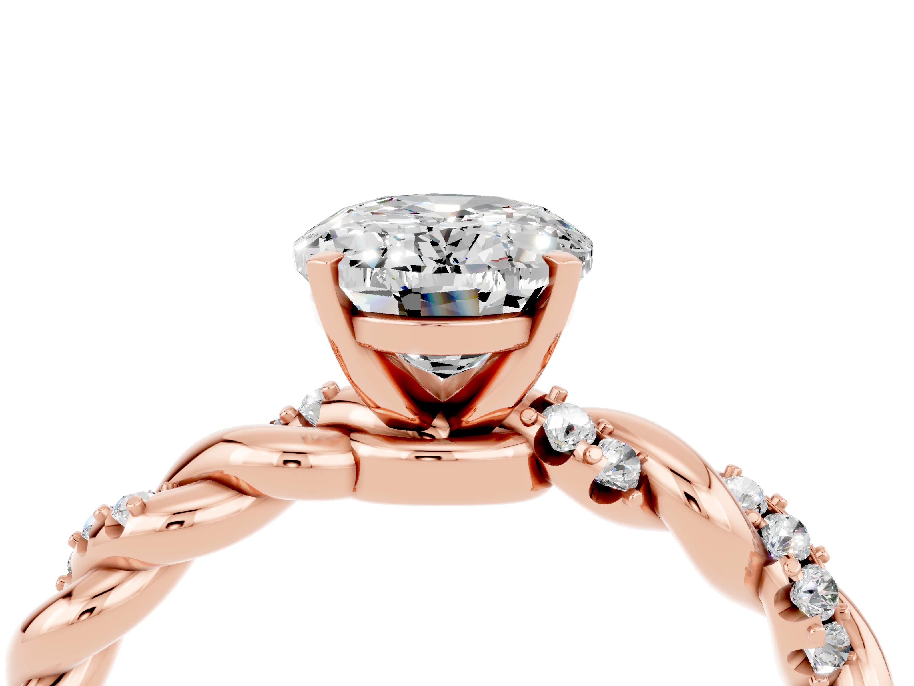 Rose gold Oval Cut Moissanite Solitaire Ring with Twisted Band and Pavé Accents_4