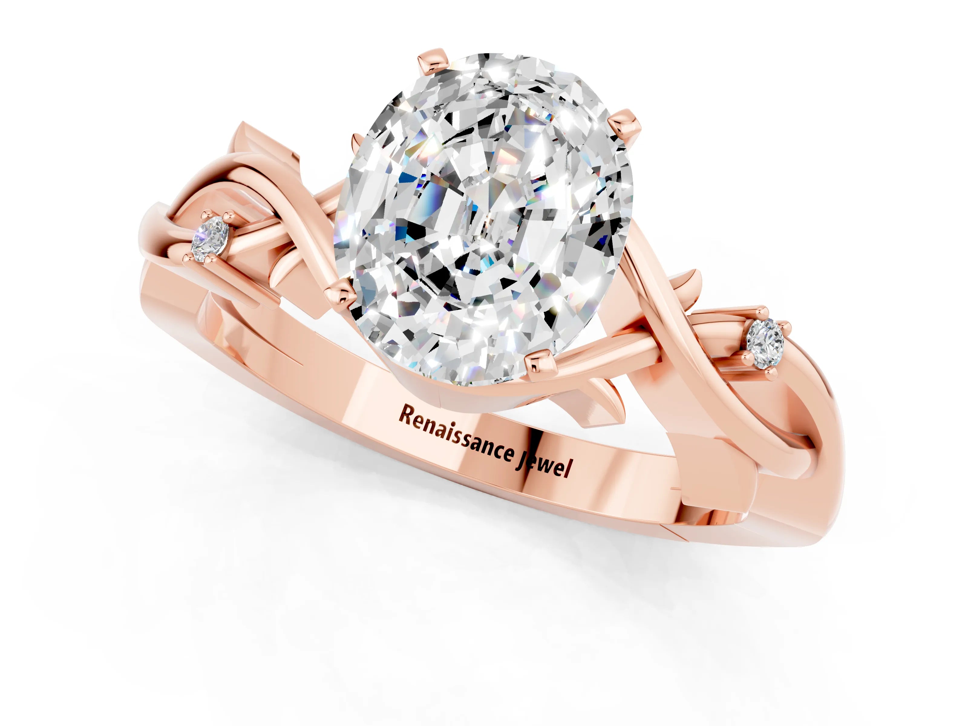 Rose gold Oval Cut Moissanite Solitaire Ring with Twisted Band and Prong Setting_1