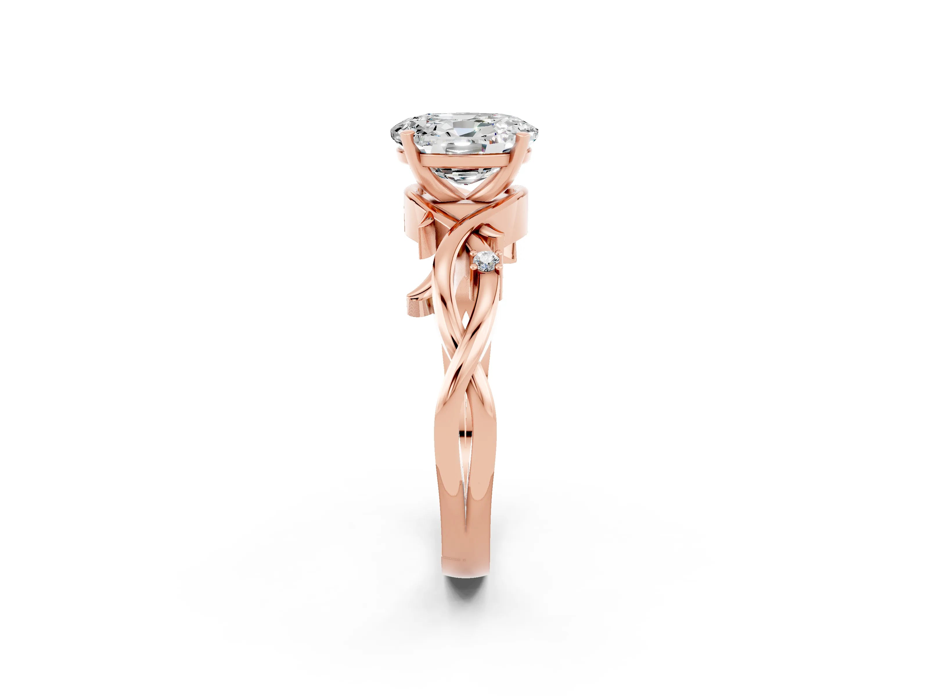 Rose gold Oval Cut Moissanite Solitaire Ring with Twisted Band and Prong Setting_2