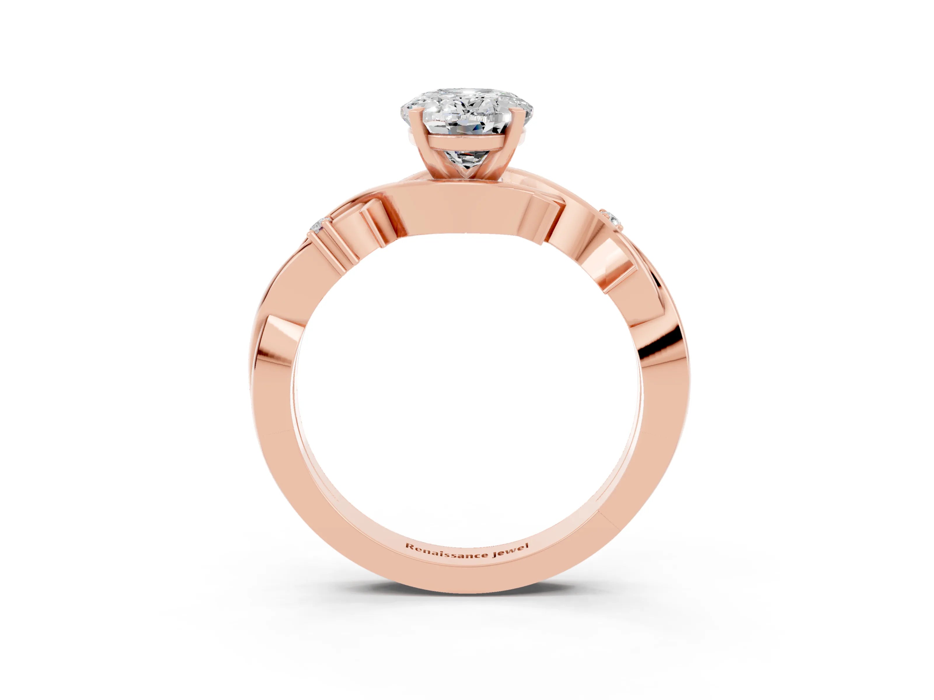 Rose gold Oval Cut Moissanite Solitaire Ring with Twisted Band and Prong Setting_3