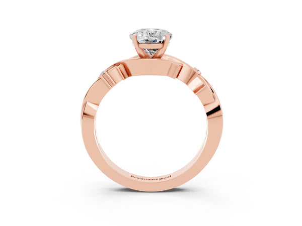 Rose gold Oval Cut Moissanite Solitaire Ring with Twisted Band and Prong Setting