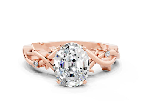 Rose gold Oval Cut Moissanite Solitaire Ring with Twisted Band and Prong Setting