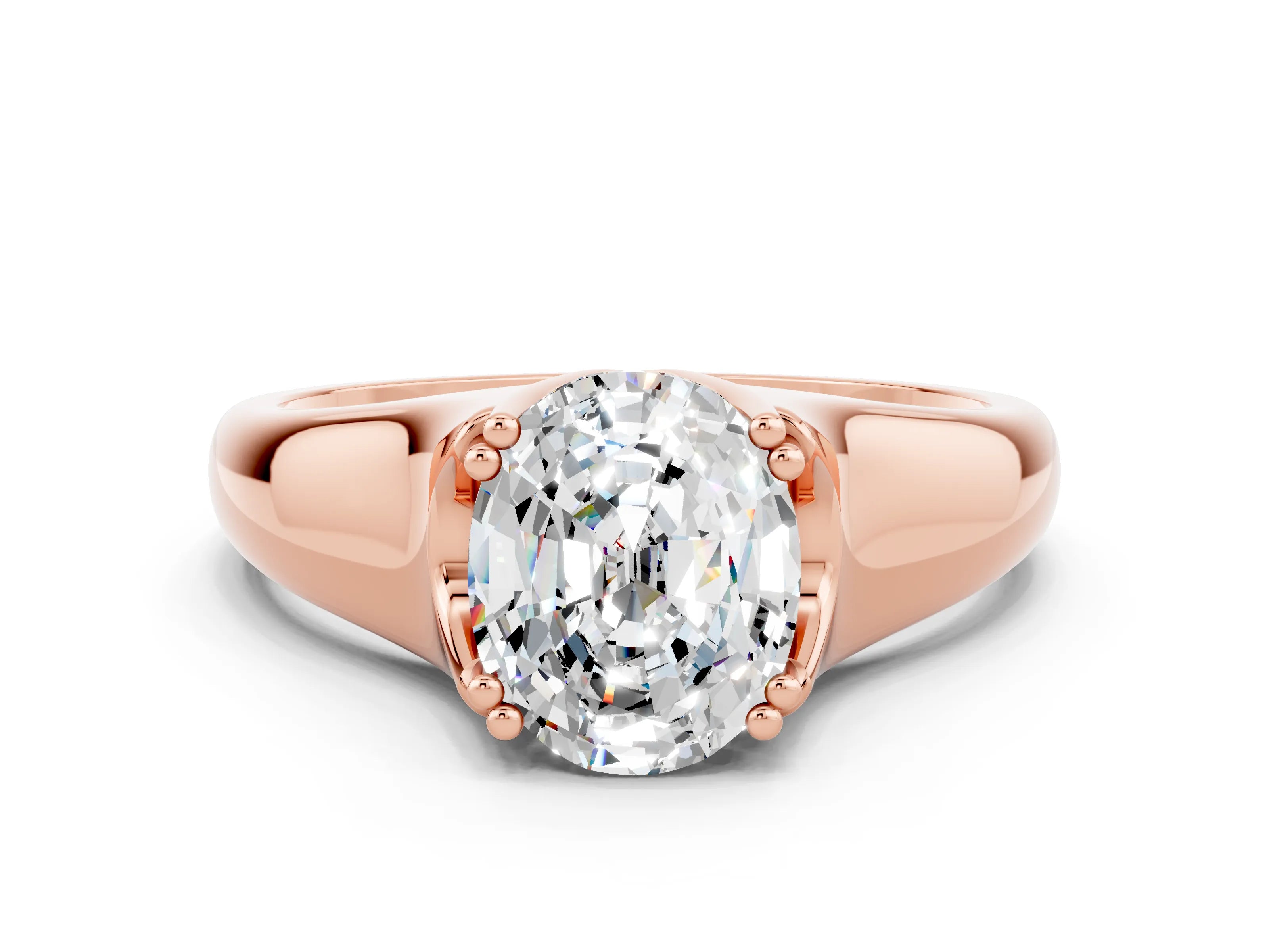 Rose gold Oval Cut Moissanite Solitaire Ring with Wide Band and Prong Setting