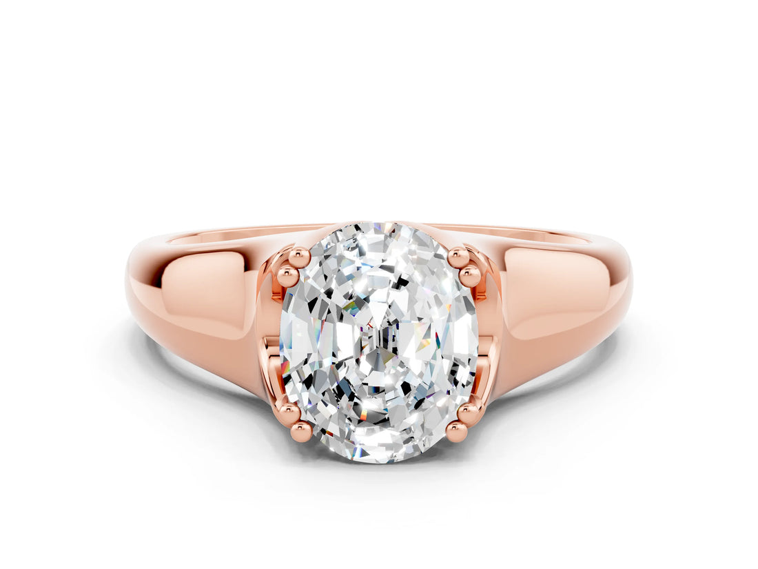 Rose gold Oval Cut Moissanite Solitaire Ring with Wide Band and Prong Setting