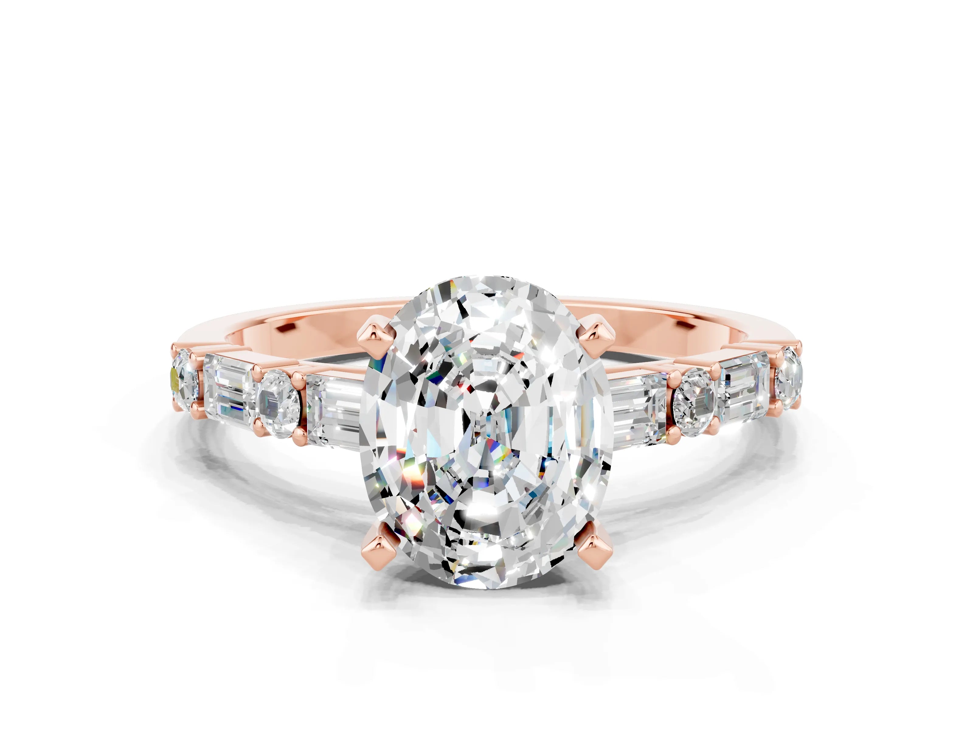 Rose gold Oval Cut Moissanite Solitaire with Side Baguettes and Channel Set Band