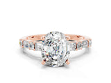 Rose gold Oval Cut Moissanite Solitaire with Side Baguettes and Channel Set Band