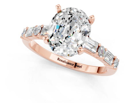 Rose gold Oval Cut Moissanite Solitaire with Side Baguettes and Channel Set Band_1