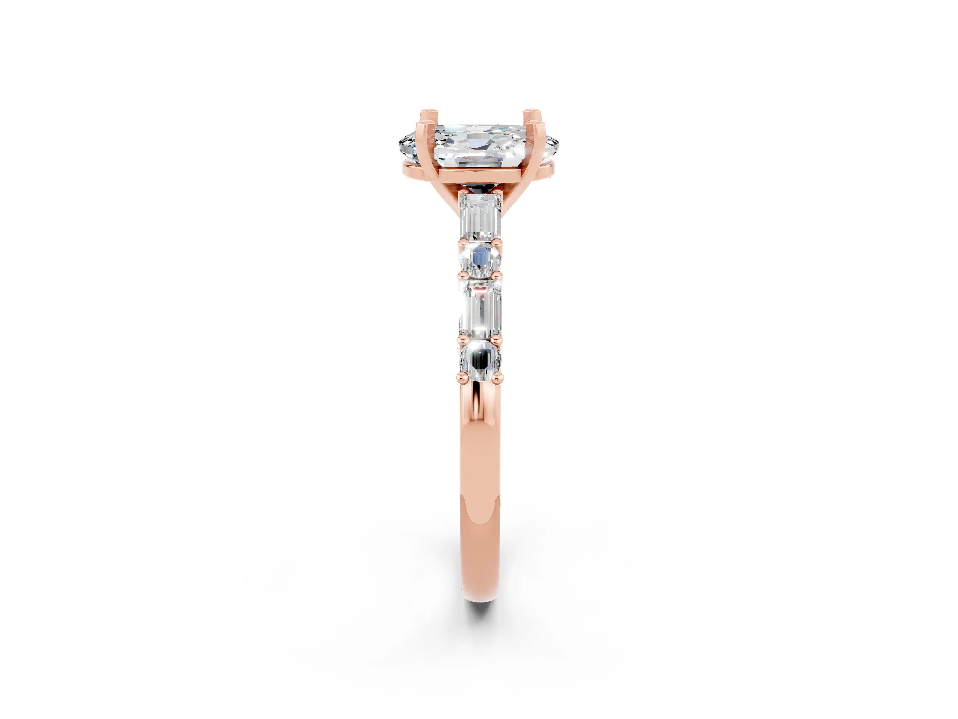 Rose gold Oval Cut Moissanite Solitaire with Side Baguettes and Channel Set Band_2