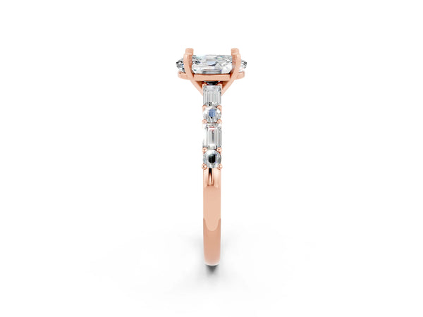 Rose gold Oval Cut Moissanite Solitaire with Side Baguettes and Channel Set Band