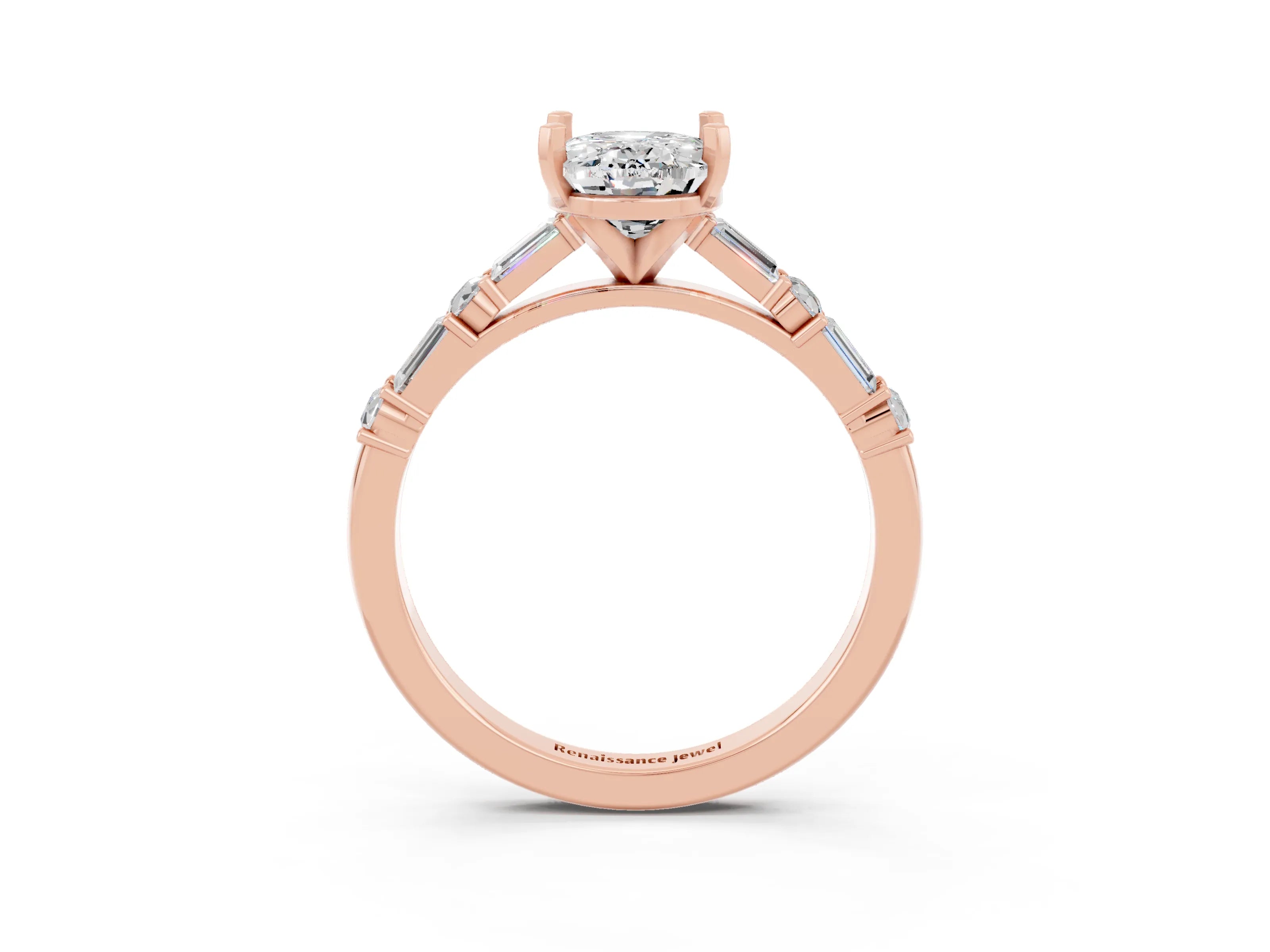 Rose gold Oval Cut Moissanite Solitaire with Side Baguettes and Channel Set Band_3