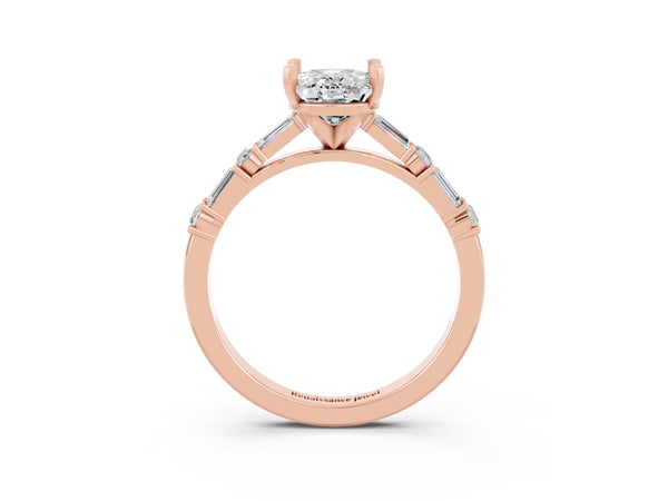 Rose gold Oval Cut Moissanite Solitaire with Side Baguettes and Channel Set Band