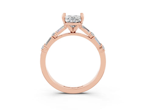 Rose gold Oval Cut Moissanite Solitaire with Side Baguettes and Channel Set Band_3