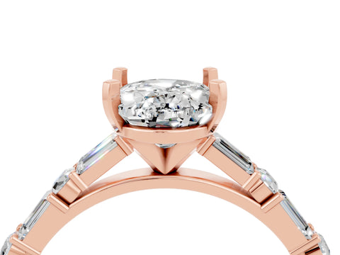 Rose gold Oval Cut Moissanite Solitaire with Side Baguettes and Channel Set Band_4