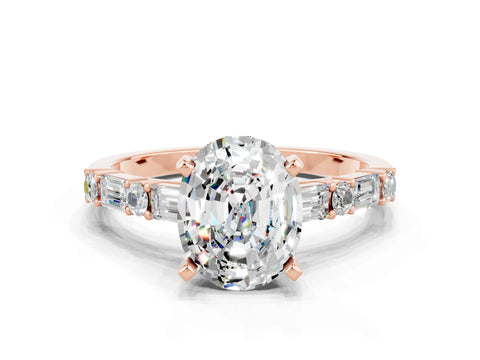 Rose gold Oval Cut Moissanite Solitaire with Side Baguettes and Channel Set Band