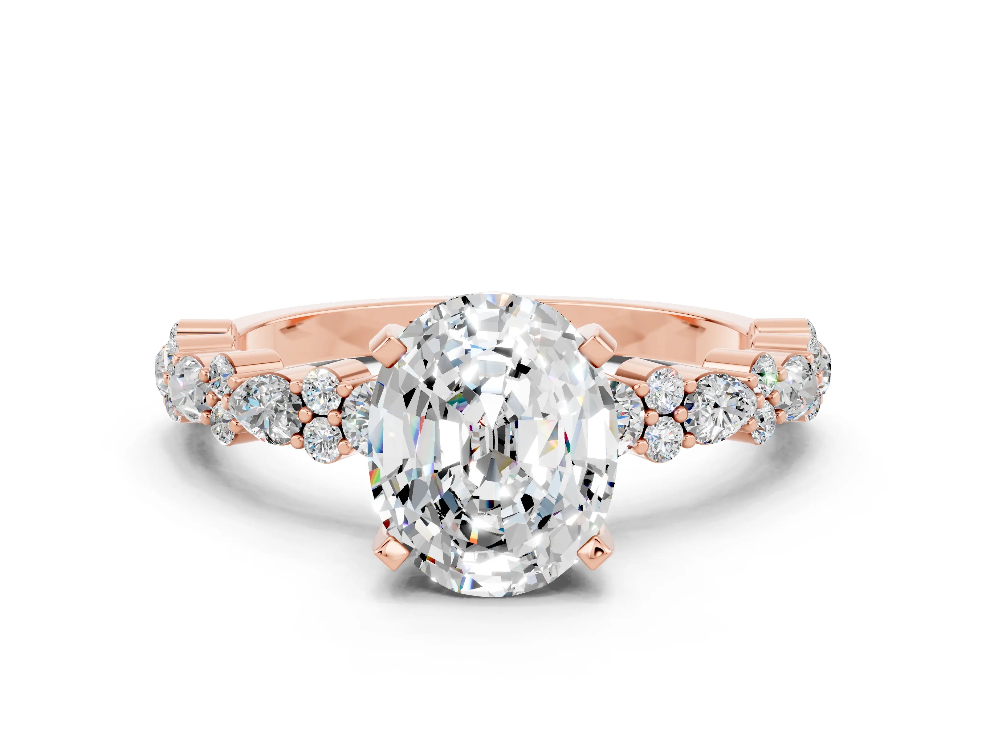 Rose gold Oval Cut Moissanite Solitaire with Side Stones, Pave Band, Four-Prong Setting_36