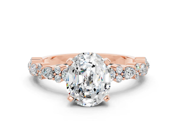 Rose gold Oval Cut Moissanite Side Stone Solitaire Ring with Round  and Four-Prong Setting