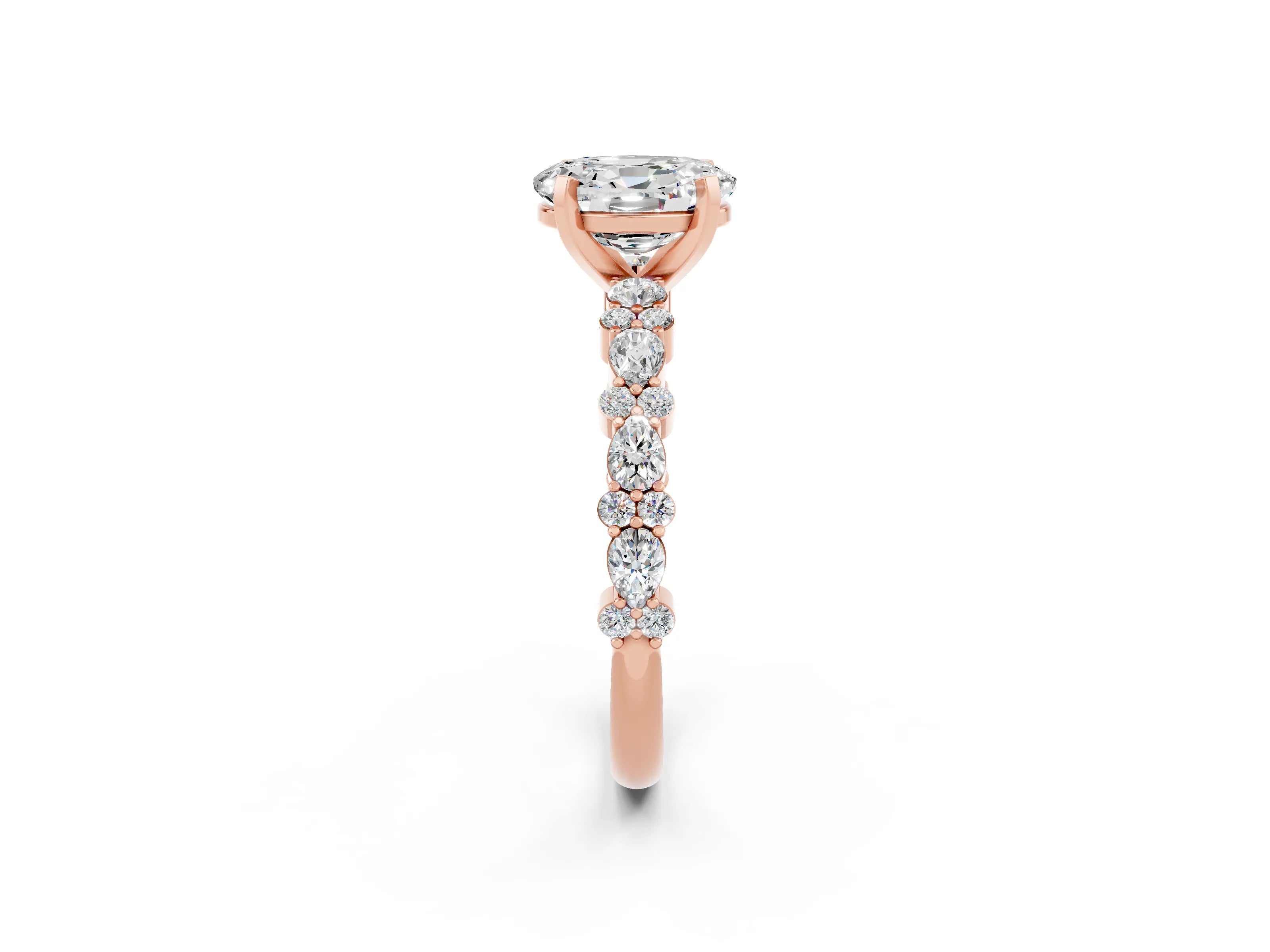 Rose gold Oval Cut Moissanite Solitaire with Side Stones, Pave Band, Four-Prong Setting_38