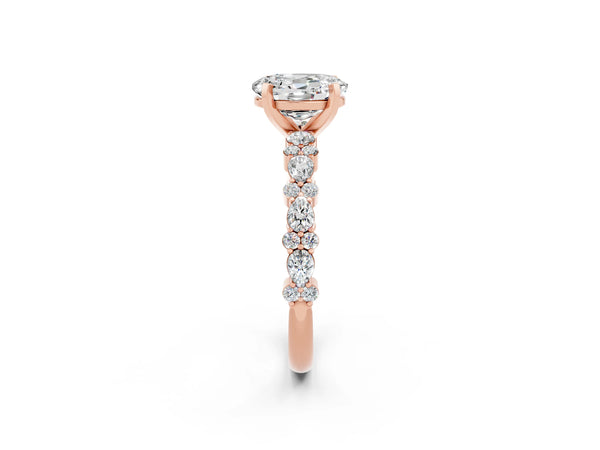 Rose gold Oval Cut Moissanite Side Stone Solitaire Ring with Round  and Four-Prong Setting
