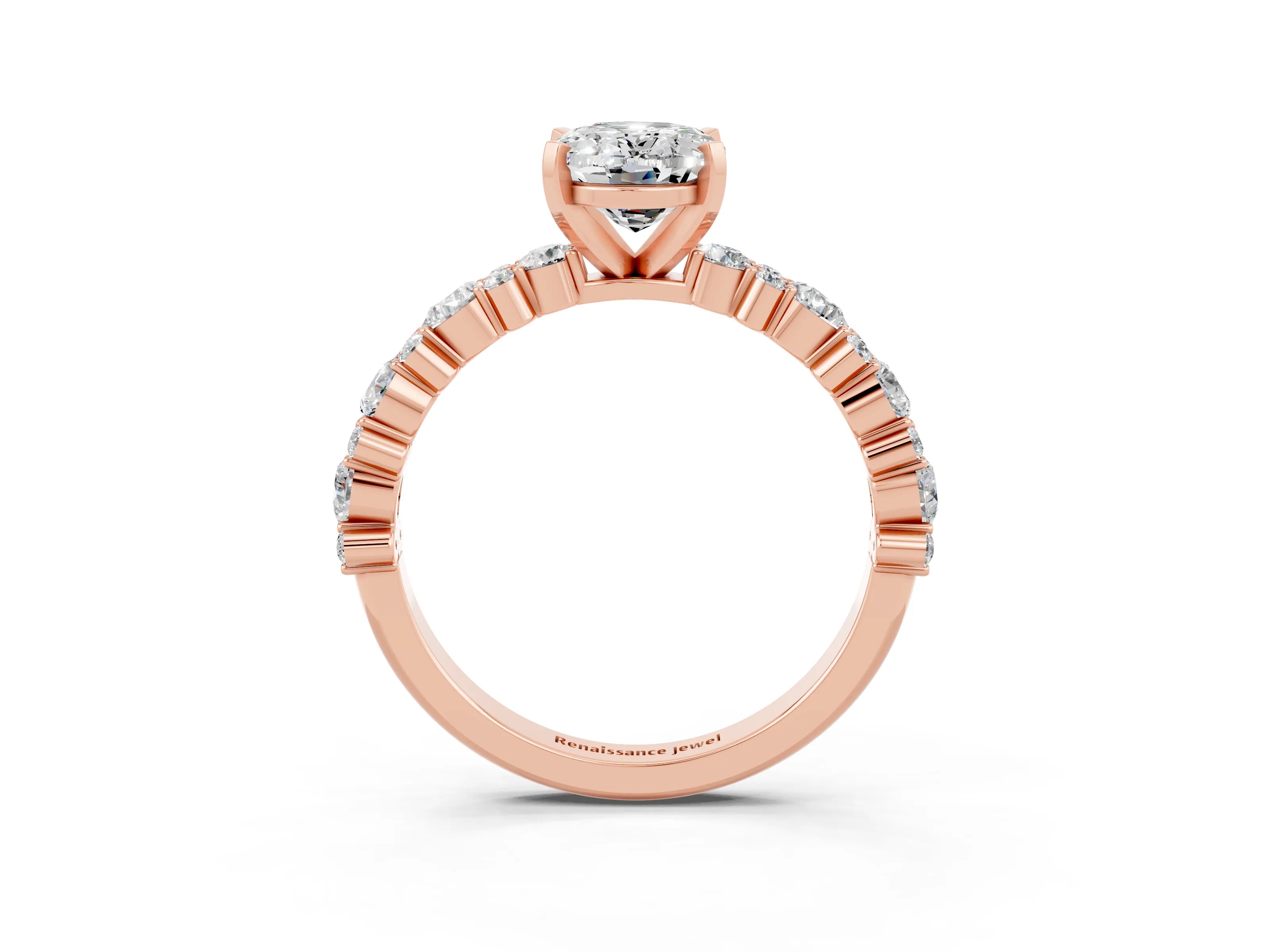 Rose gold Oval Cut Moissanite Solitaire with Side Stones, Pave Band, Four-Prong Setting_39