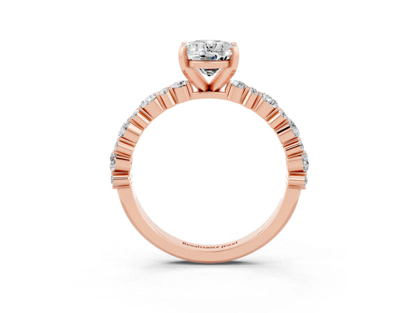 Rose gold Oval Cut Moissanite Side Stone Solitaire Ring with Round  and Four-Prong Setting