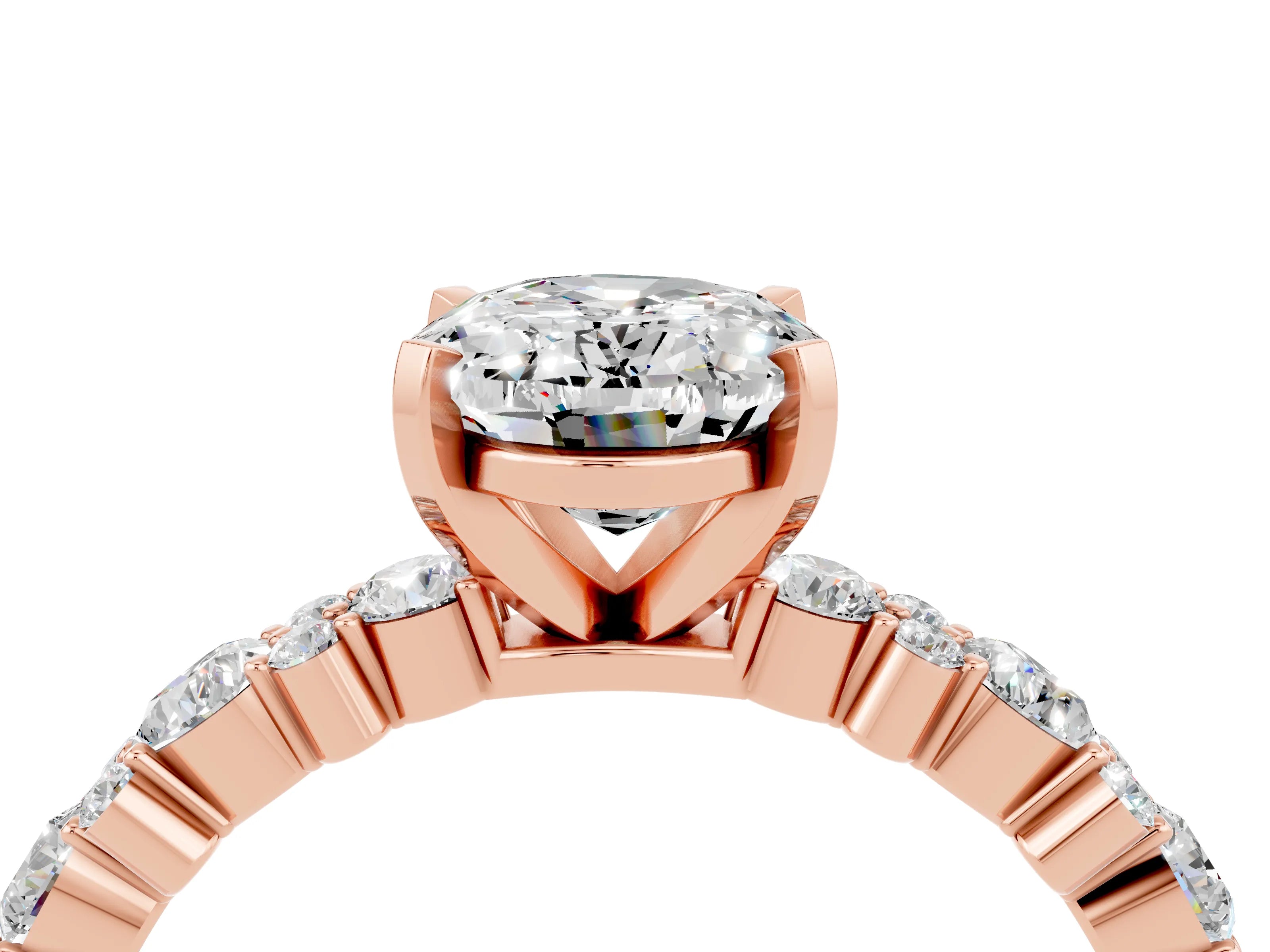 Rose gold Oval Cut Moissanite Solitaire with Side Stones, Pave Band, Four-Prong Setting_40