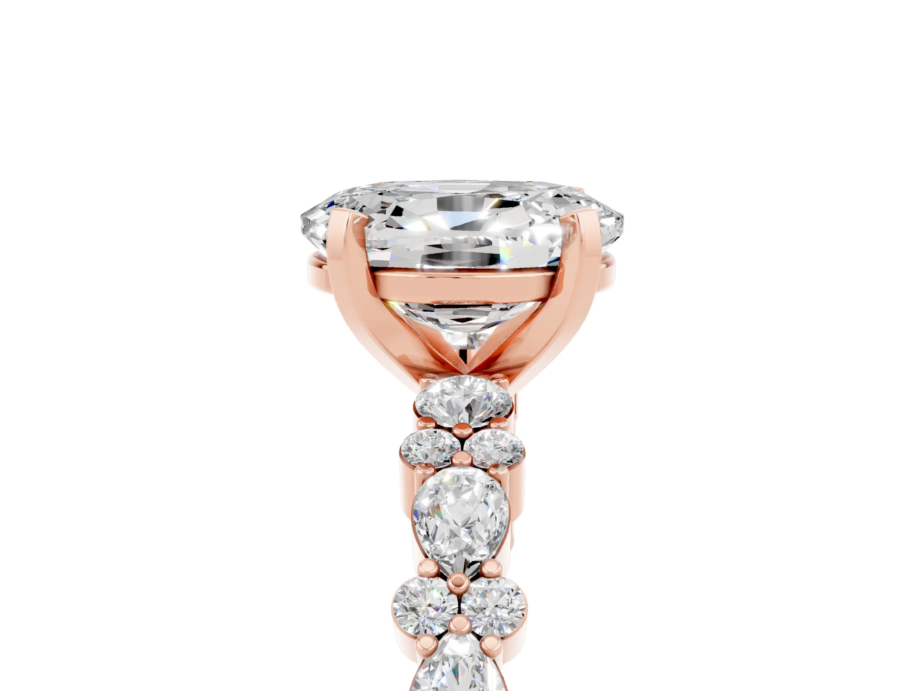Rose gold Oval Cut Moissanite Solitaire with Side Stones, Pave Band, Four-Prong Setting_41