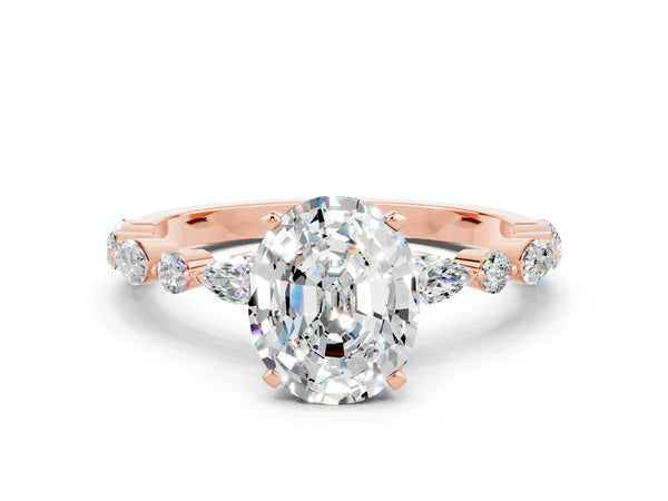 Rose gold Oval Cut Moissanite Ring with Marquise and Round  Side Stones and Four-Prong Setting