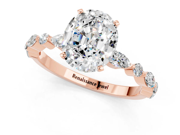 Rose gold Oval Cut Moissanite Ring with Marquise and Round  Side Stones and Four-Prong Setting