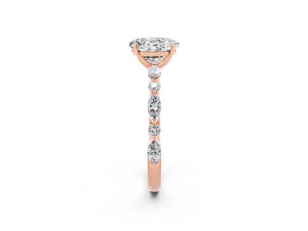 Rose gold Oval Cut Moissanite Ring with Marquise and Round  Side Stones and Four-Prong Setting