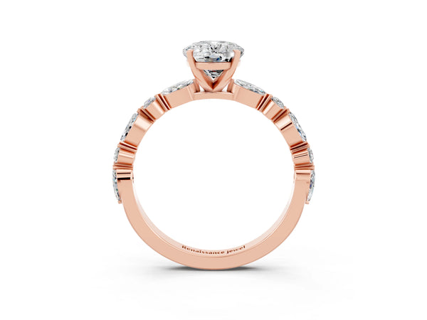 Rose gold Oval Cut Moissanite Ring with Marquise and Round  Side Stones and Four-Prong Setting