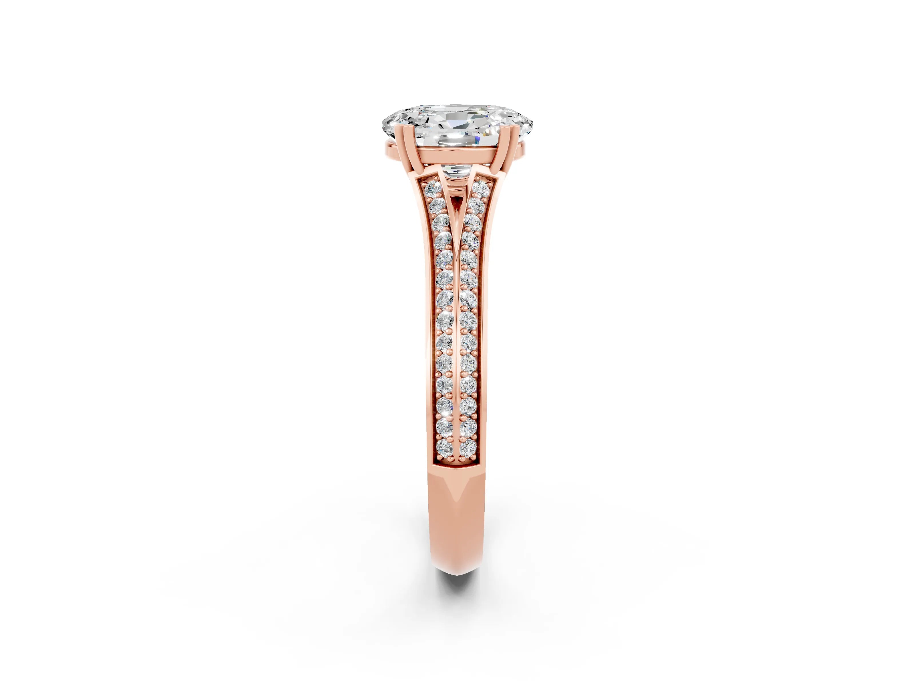 Rose gold Oval Cut Moissanite Split Shank Engagement Ring with Pavé Band_2