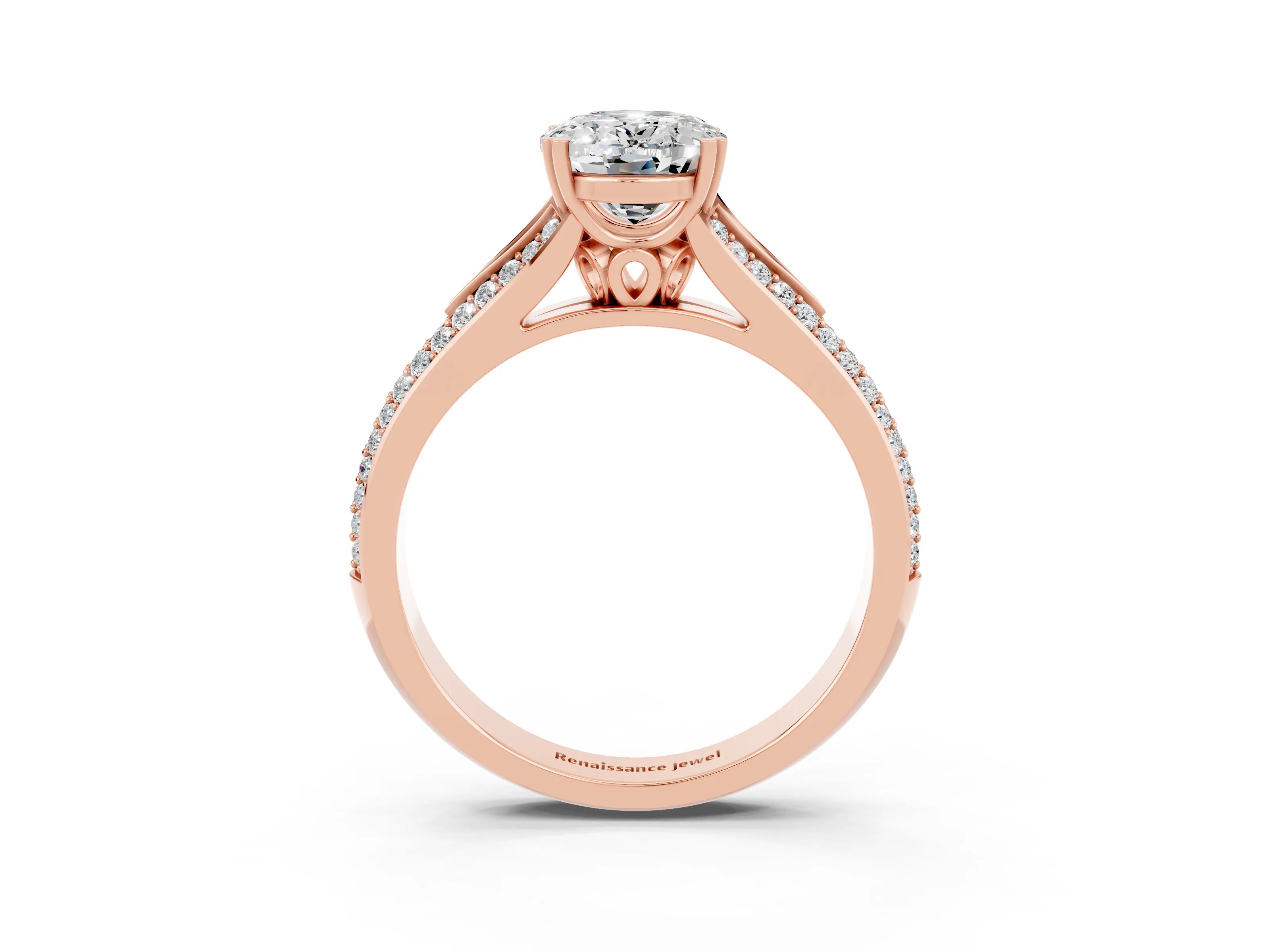 Rose gold Oval Cut Moissanite Split Shank Engagement Ring with Pavé Band_3