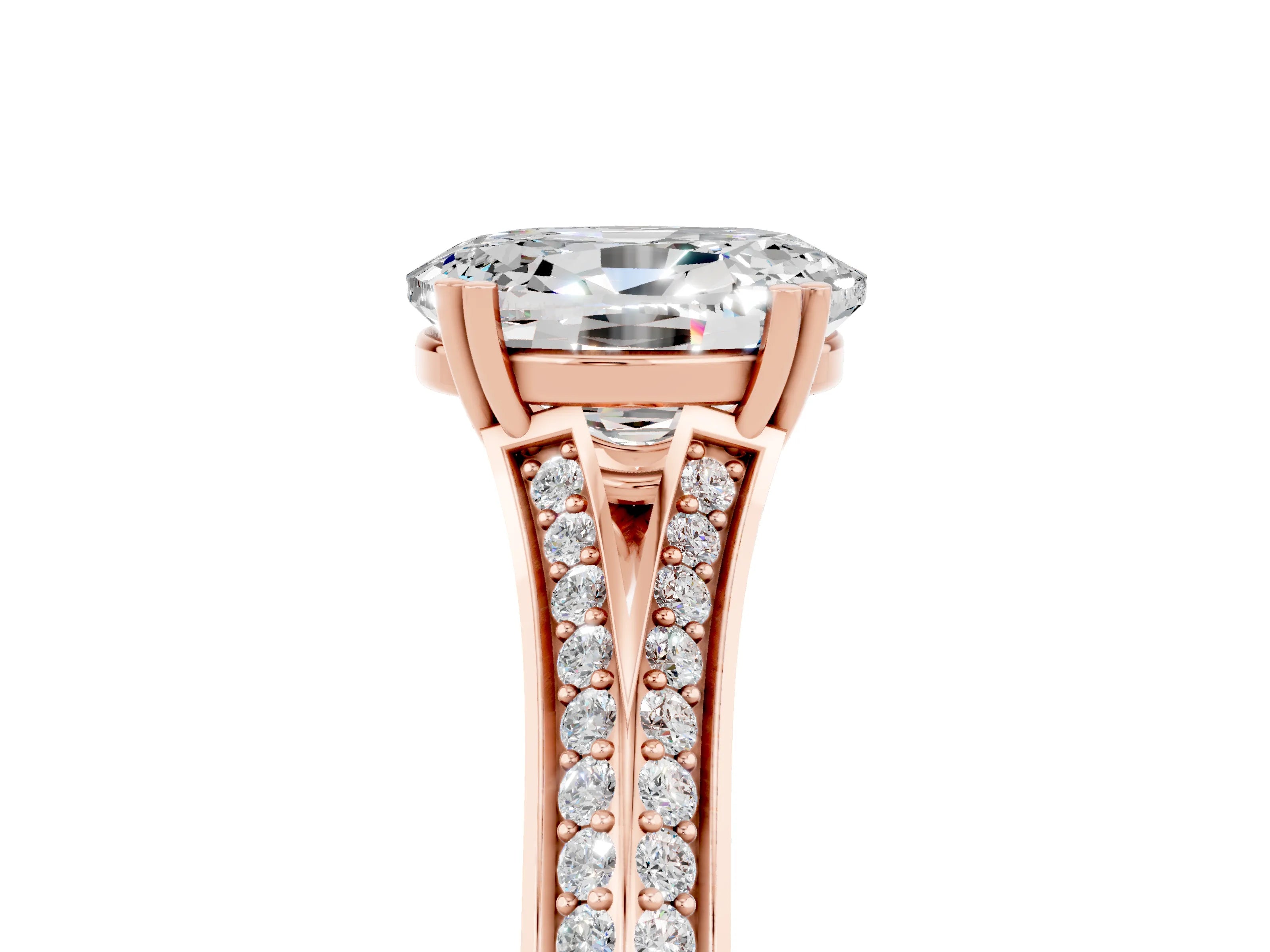 Rose gold Oval Cut Moissanite Split Shank Engagement Ring with Pavé Band_5