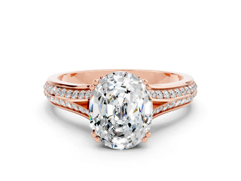 Rose gold Oval Cut Moissanite Split Shank Engagement Ring with Pavé Band