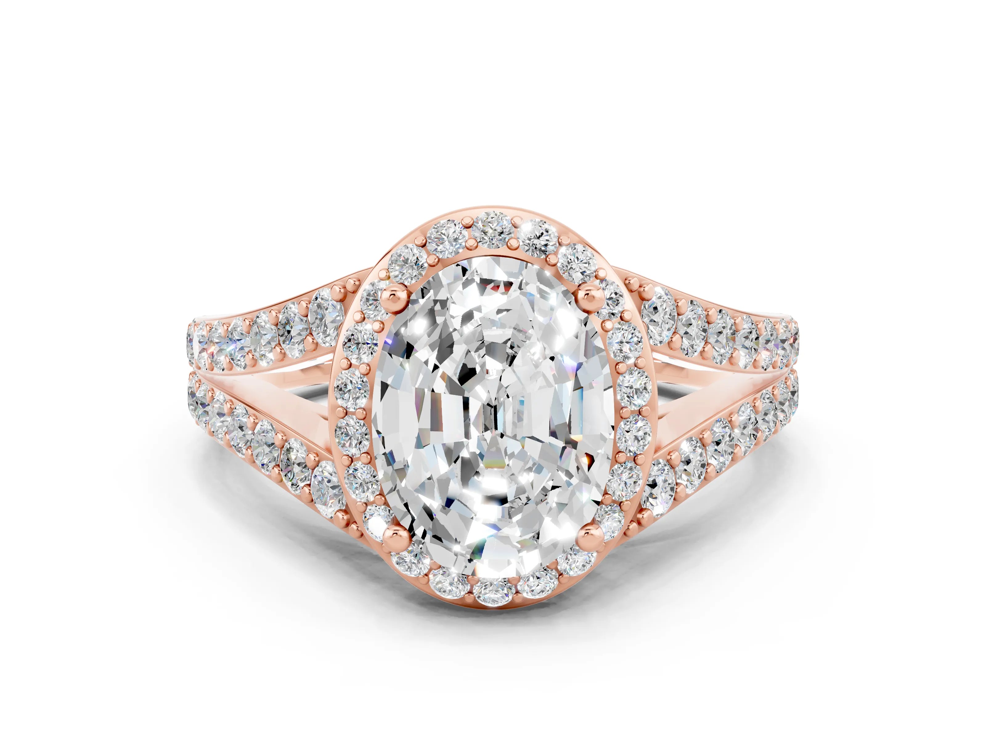 Rose gold Oval Cut Moissanite Split Shank Halo Ring with Four-Prong Setting_12