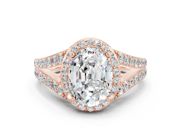 Rose gold Oval Cut Moissanite Split Shank Halo Ring with Four-Prong Setting