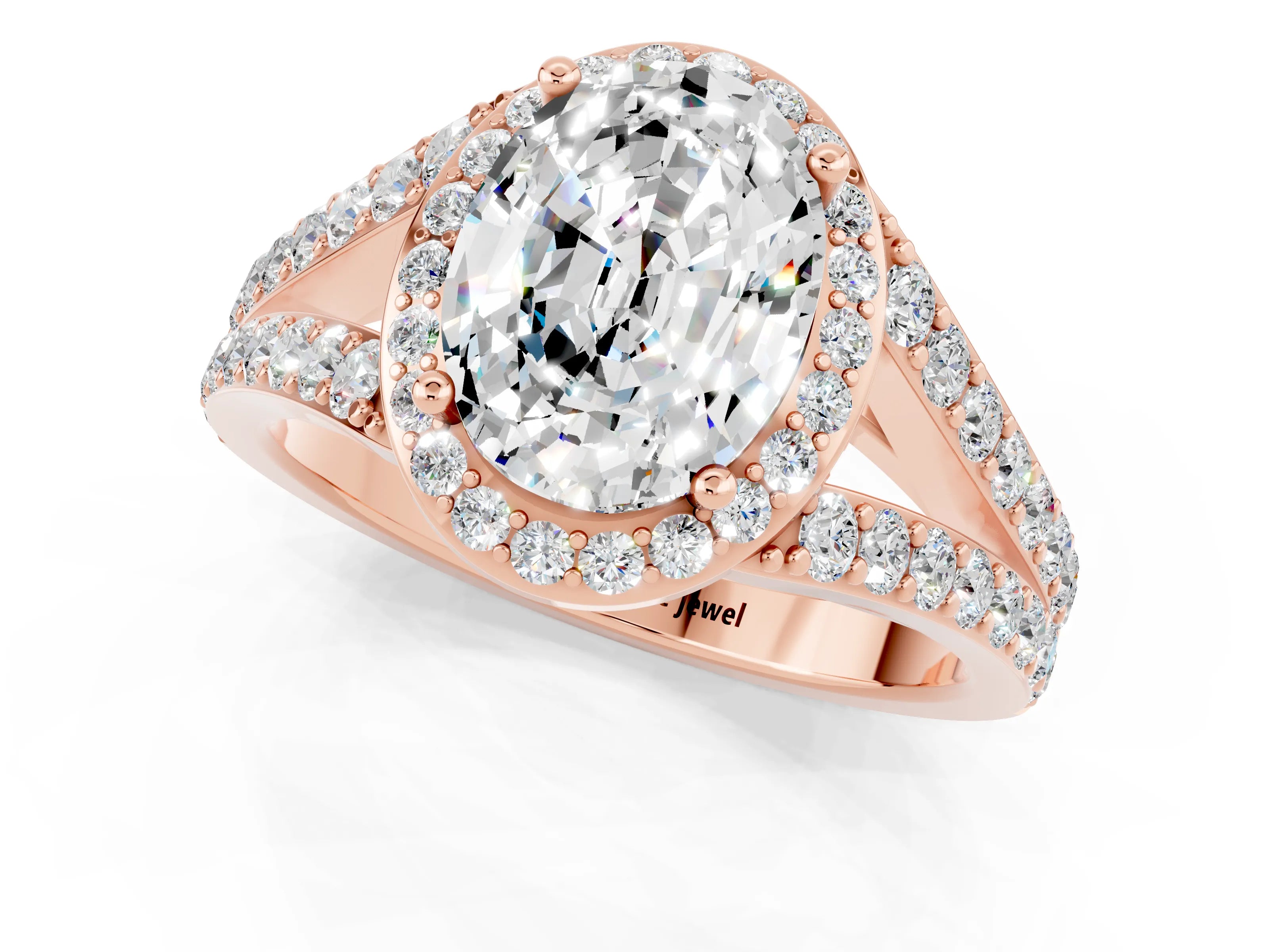 Rose gold Oval Cut Moissanite Split Shank Halo Ring with Four-Prong Setting_13