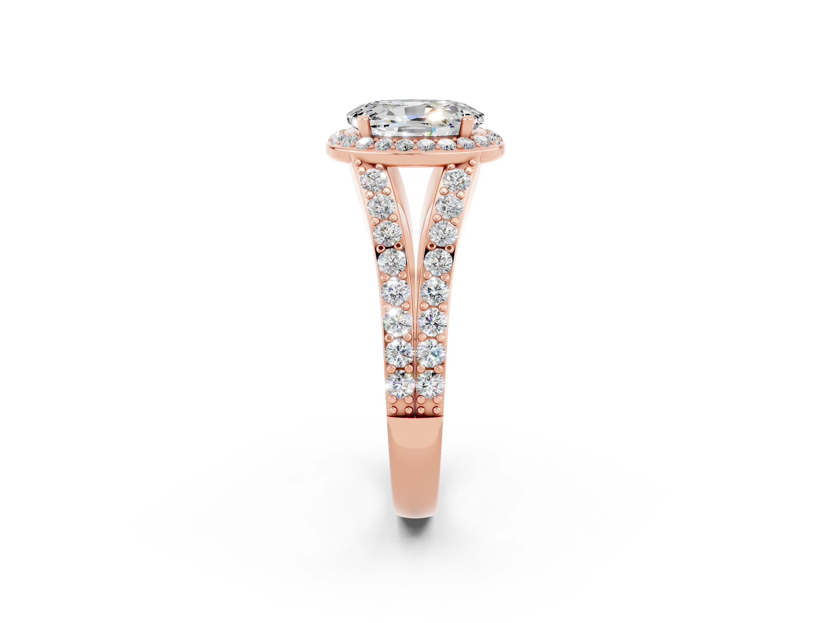 Rose gold Oval Cut Moissanite Split Shank Halo Ring with Four-Prong Setting_14
