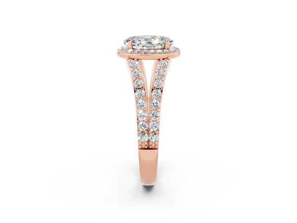 Rose gold Oval Cut Moissanite Split Shank Halo Ring with Four-Prong Setting