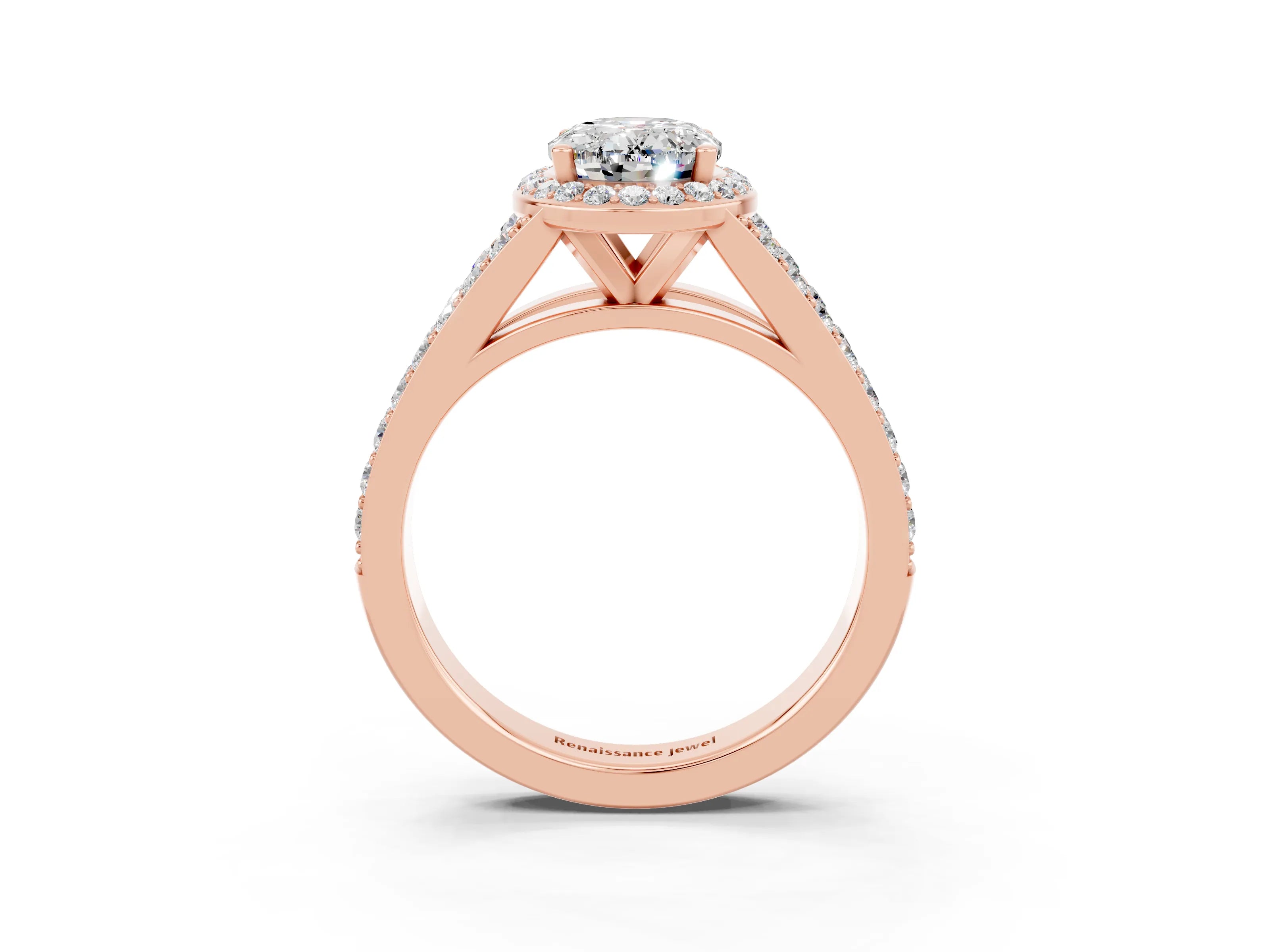 Rose gold Oval Cut Moissanite Split Shank Halo Ring with Four-Prong Setting_15