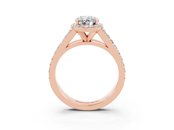 Rose gold Oval Cut Moissanite Split Shank Halo Ring with Four-Prong Setting