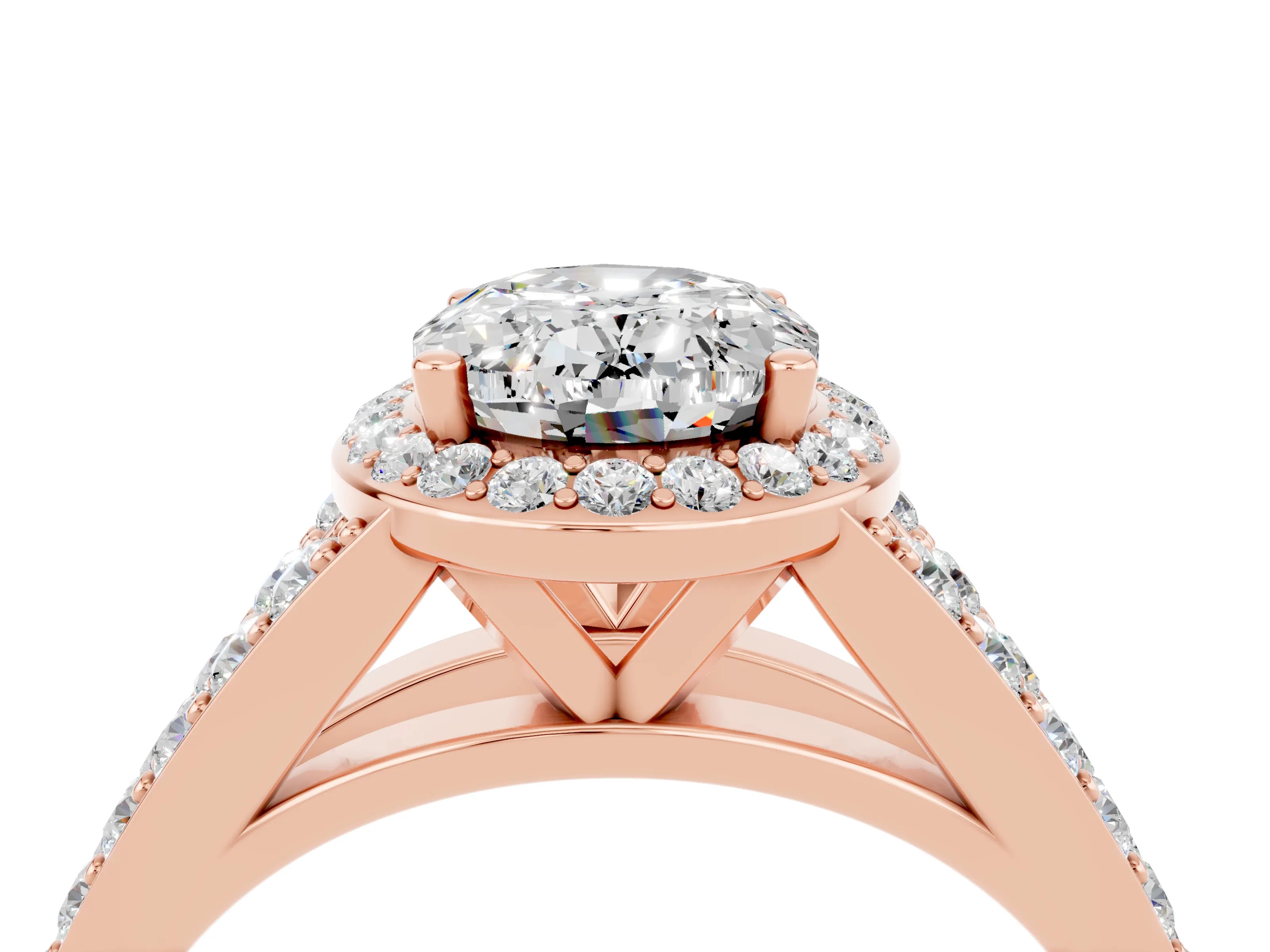 Rose gold Oval Cut Moissanite Split Shank Halo Ring with Four-Prong Setting_16