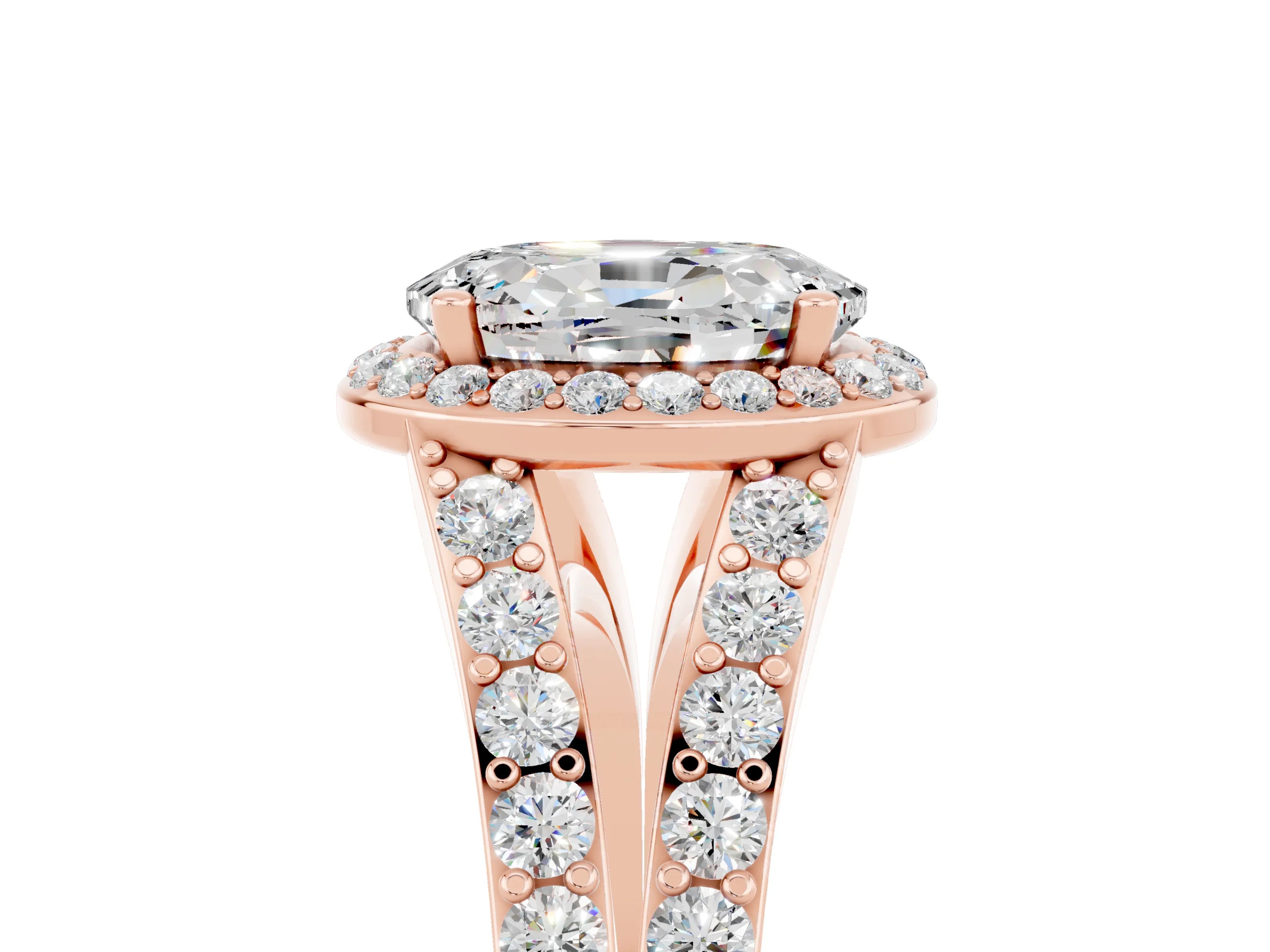 Rose gold Oval Cut Moissanite Split Shank Halo Ring with Four-Prong Setting_17