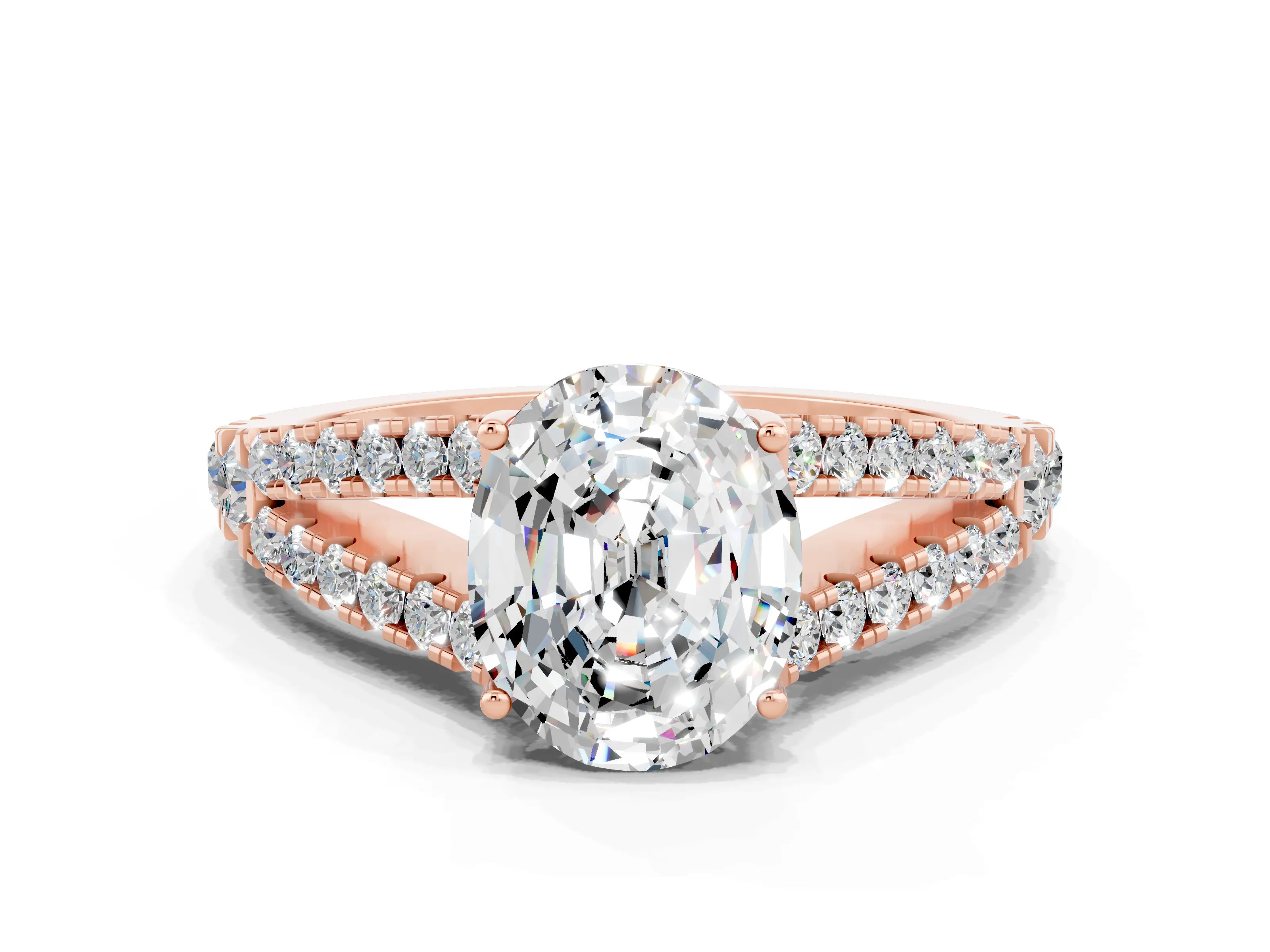 Rose gold Oval Cut Moissanite Split Shank Pavé Engagement Ring with Four-Prong Setting_12