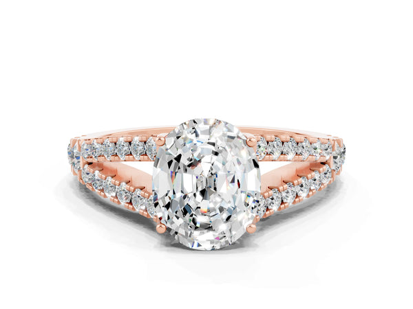 Rose gold Oval Cut Moissanite Split Shank Pavé Engagement Ring with Four-Prong Setting