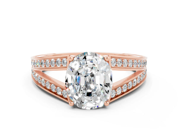 Rose gold Oval Cut Moissanite Split Shank Ring with Pavé Band and Four-Prong Setting