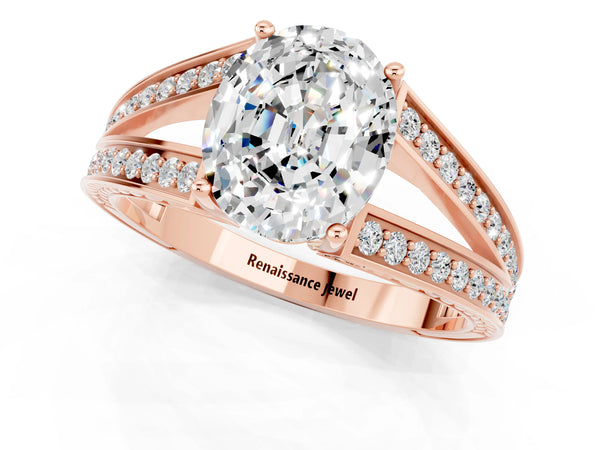 Rose gold Oval Cut Moissanite Split Shank Ring with Pavé Band and Four-Prong Setting