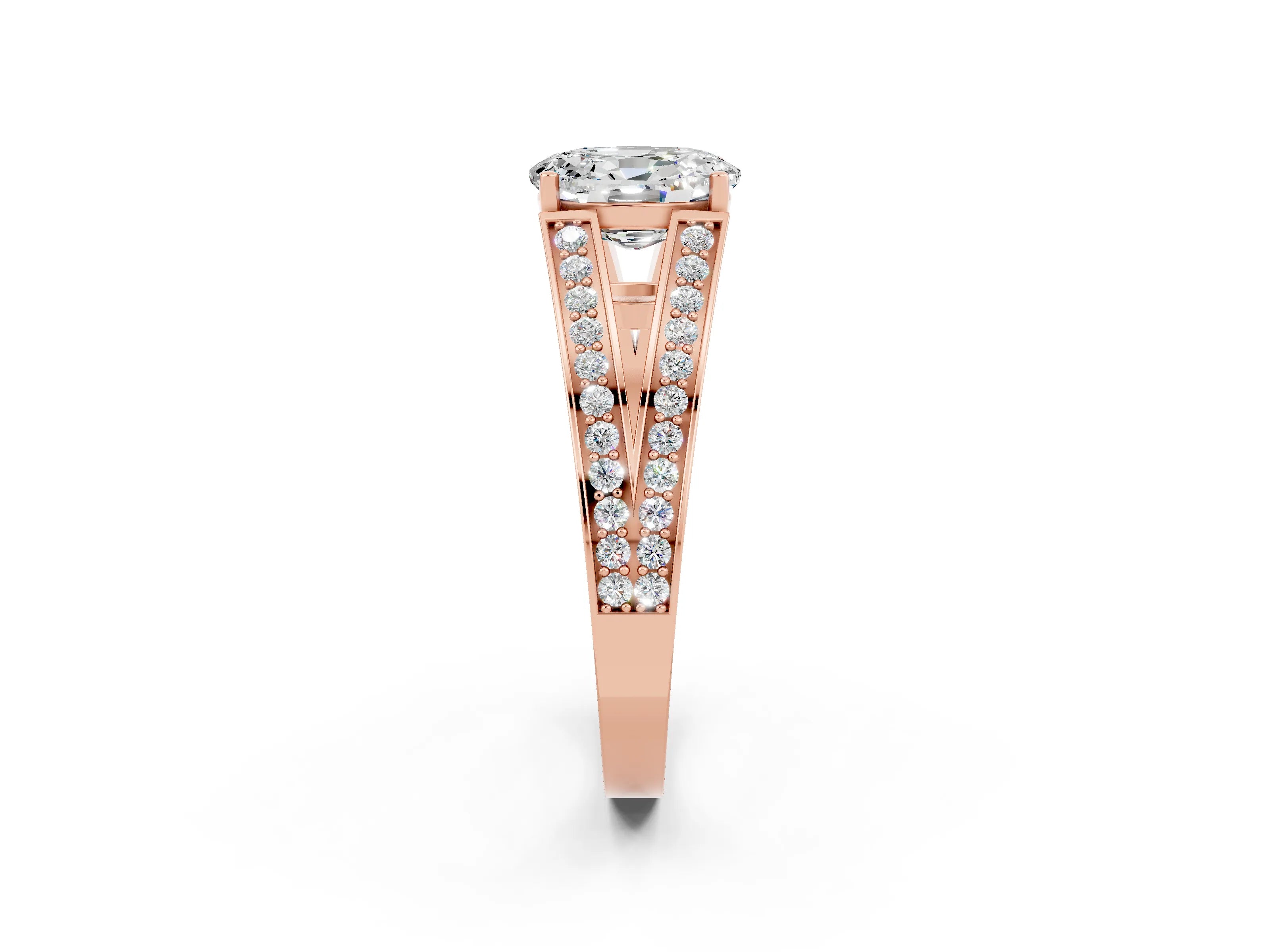Rose gold Oval Cut Moissanite Split Shank Ring with Pavé Band and Four-Prong Setting_2