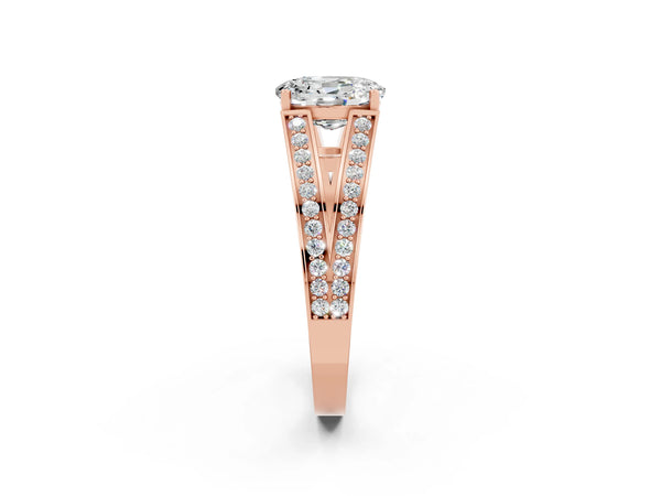 Rose gold Oval Cut Moissanite Split Shank Ring with Pavé Band and Four-Prong Setting
