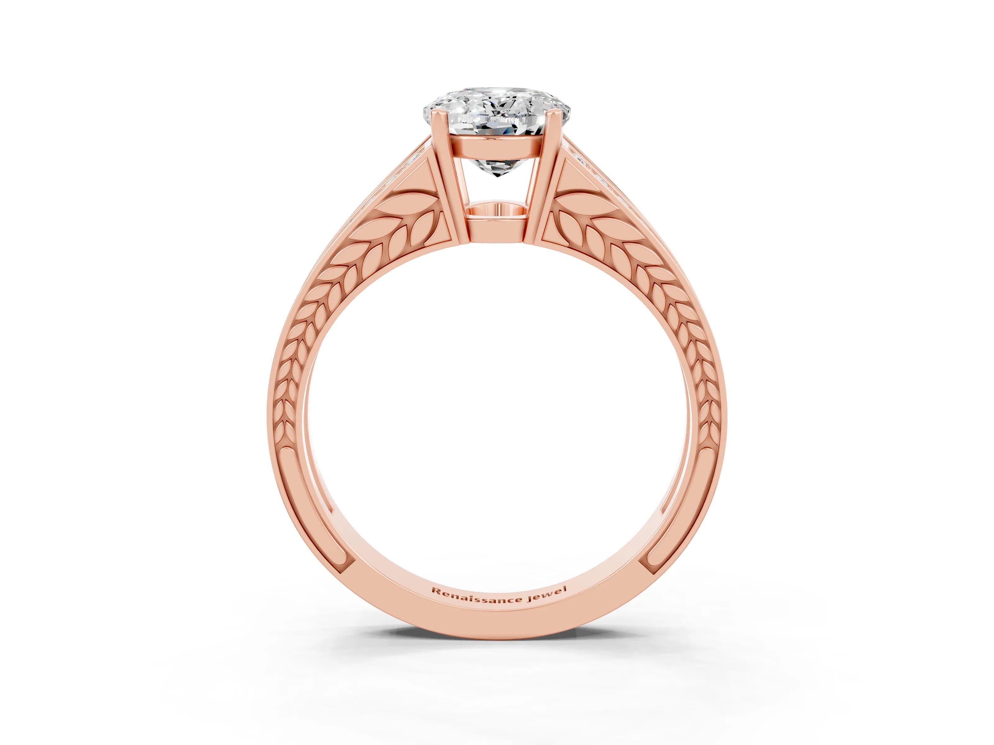 Rose gold Oval Cut Moissanite Split Shank Ring with Pavé Band and Four-Prong Setting_3